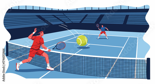 Dynamic Tennis Match Depicted with Players Ball and Court in Action.