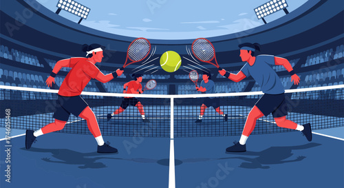 Dynamic Tennis Match Depicted with Players Ball and Stadium in Vibrant Colors.