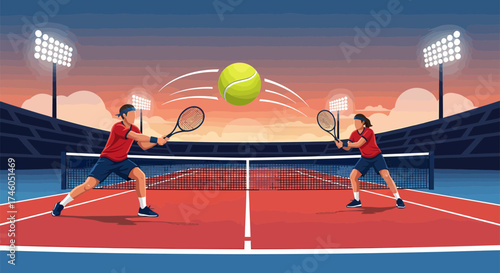 Dynamic Tennis Match Depicted with Players Ball and Stadium Lighting.