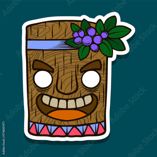 Smiling tiki mask with blue headband and tropical leaves Sticker Illustration