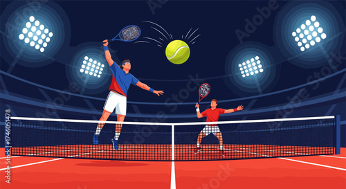 Dynamic Tennis Match Depicted with Players Ball and Court Lighting.
