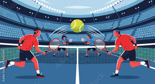 Dynamic Tennis Match Illustration Players in Action with Ball Trajectory.