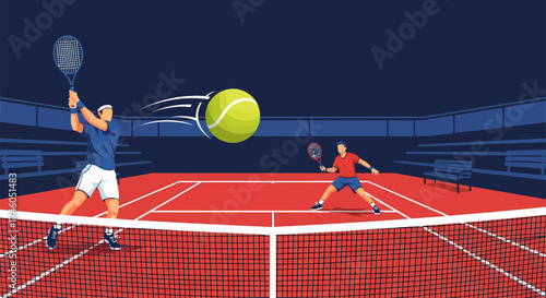 Dynamic Tennis Match Illustration Two Players Ball in Motion Court View.