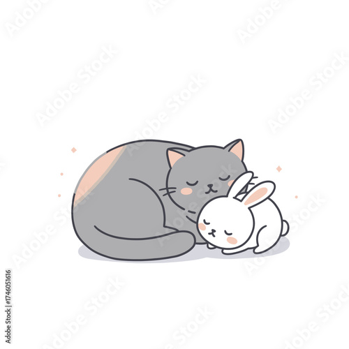 A cute illustration of a gray cat and a white bunny cuddling together.