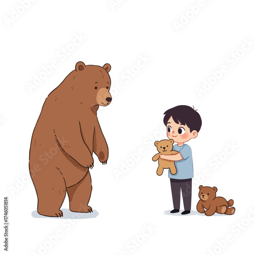 A boy offers a teddy bear to a friendly bear, showcasing innocence and friendship.