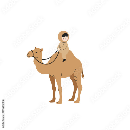 A cartoon illustration of a child riding a camel, depicting a playful scene.