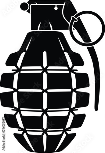 Black and white hand grenade silhouette vector illustration, military weapon design, explosive object icon for war, defense, and security concept