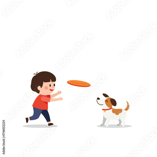 A child joyfully throws a frisbee to a playful dog in a simple, cheerful illustration.