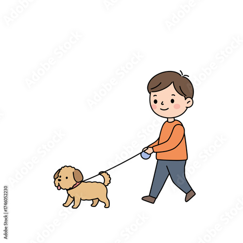 A boy walking a dog on a leash, enjoying a leisurely outdoor activity.