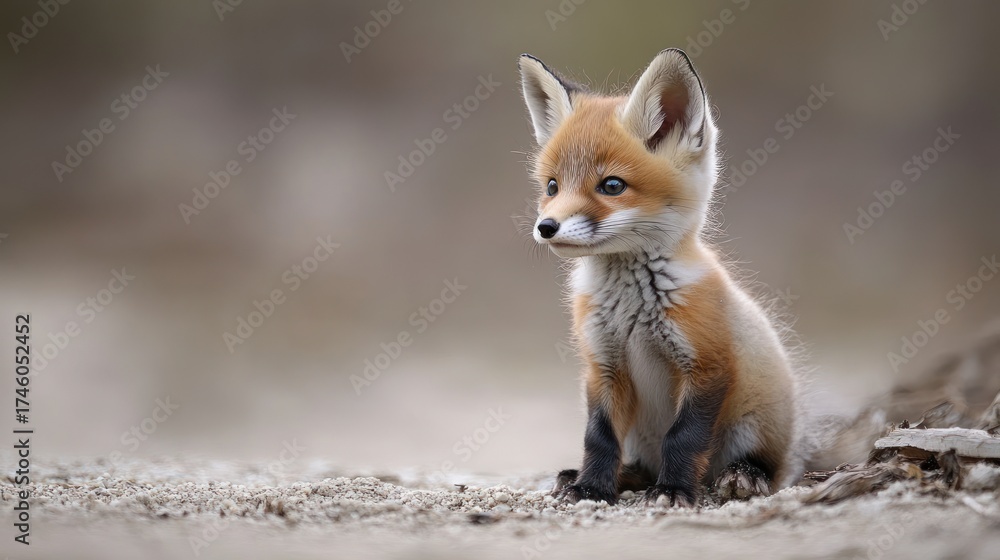 Naklejka premium Cute red fox kit sitting, forest background, wildlife, nature