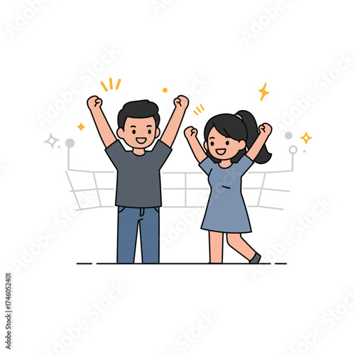 Two cheerful characters celebrating with raised arms in a playful style.