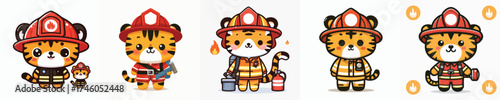 Cute Tiger Firefighter Character Vector Set Adorable Kawaii Fireman Tigers in Uniform with Helmet and Hose Cartoon Animal Rescue Mascot Illustration