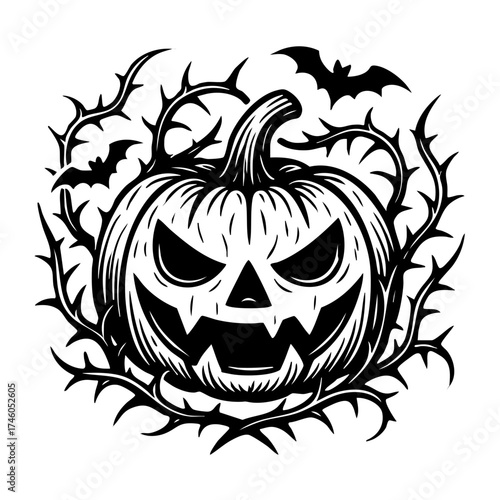 Black and white gothic-style jack-o’-lantern surrounded by thorns and small bats