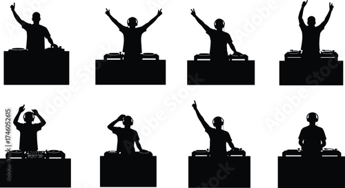 DJ performing on stage silhouette set, music mixing concept, nightclub entertainment, electronic dance party, sound mixer illustration for design