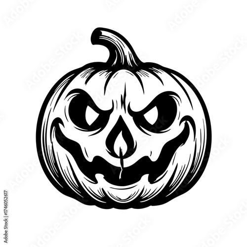 Black and white jack-o’-lantern with a creepy twisted smile and candle flame inside