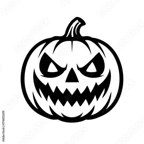 Black and white jack-o’-lantern with glowing triangular eyes and sharp teeth