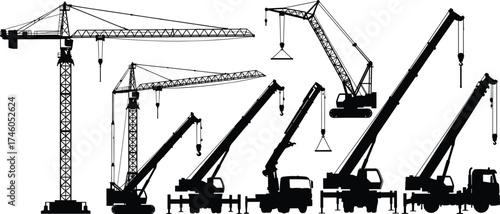 Construction cranes silhouette set, heavy machinery illustration, tower crane and mobile crane equipment, industrial lifting machines for engineering projects