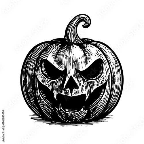 Black and white pumpkin with sinister carved face and curved stem
