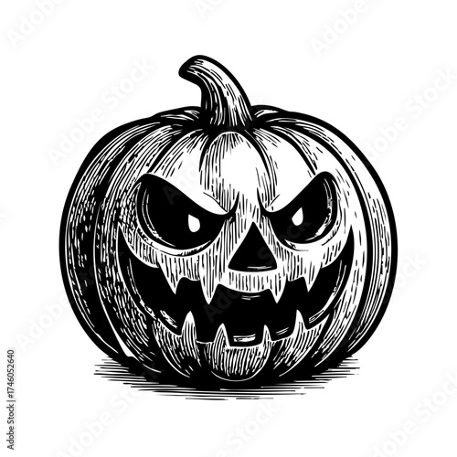 Monochrome illustration of a carved pumpkin with an evil grin