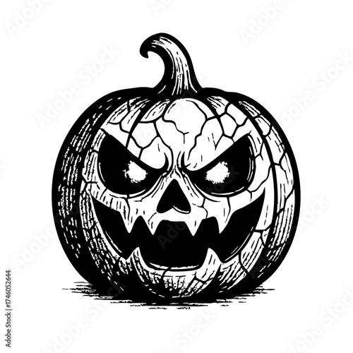 Hand-drawn black and white jack-o’-lantern with cracked texture and glowing eyes effect