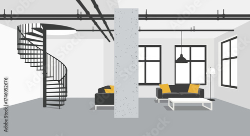 Loft Apartment Interior: Spiral Staircase and Modern Design