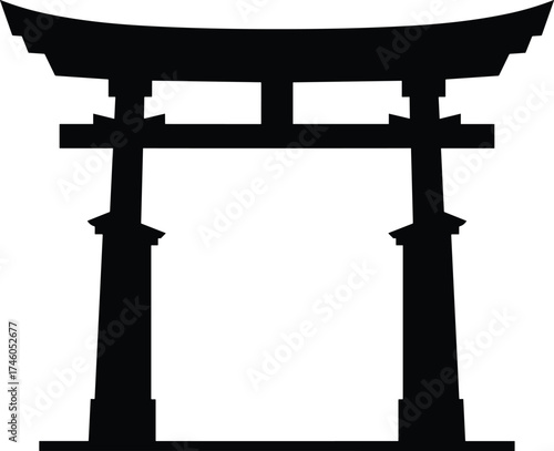 Traditional Japanese torii gate silhouette, cultural architecture design, Shinto shrine entrance symbol, Asian heritage landmark illustration, spiritual gateway concept