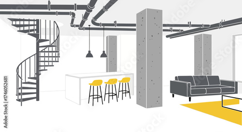 Minimalist Interior Design with Spiral Staircase and Industrial Elements