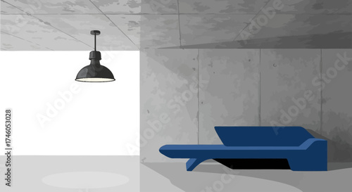 Minimalist Concrete Interior with Blue Sofa and Hanging Lamp