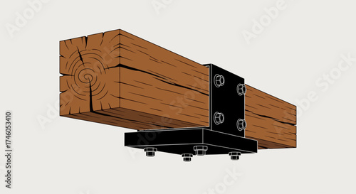 Timber Beam Connection: Rustic Wood & Steel Bracket Illustration