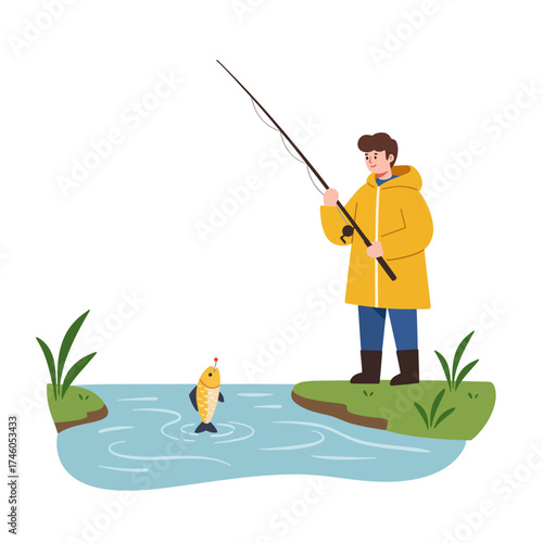 A person in a yellow raincoat fishing by a stream with a fish on the line.