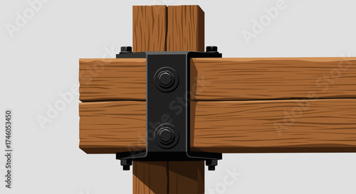 Wooden Beam Connection with Metal Bracket and Bolts