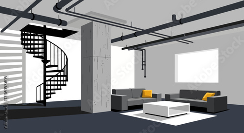 Minimalist Loft Interior with Spiral Staircase and Exposed Piping