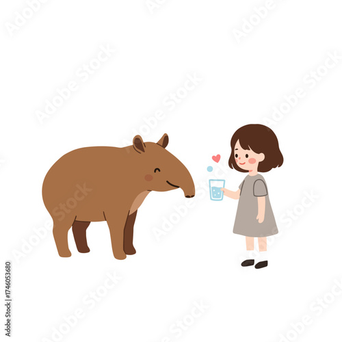 A girl offers a drink to a friendly tapir in a cute, illustrated scene.