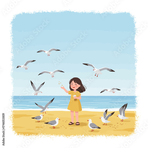 A girl feeds seagulls on a beach, enjoying a sunny day by the ocean.