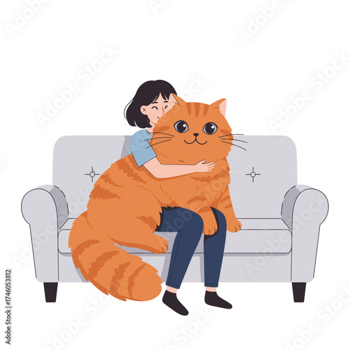 A person hugs a large, fluffy orange cat while sitting on a couch.