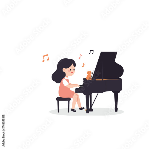 A girl playing piano with a cat nearby, surrounded by musical notes.
