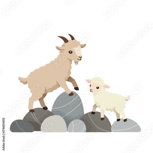 A cartoon goat and a lamb playfully standing on rocks.
