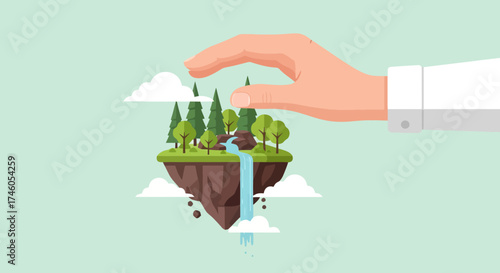 Conceptual Illustration of Environmental Protection and Stewardship, Depicting a Hand Nurturing a Mini Floating Island Ecosystem, Ideal for Green Initiatives and Sustainability Campaigns.