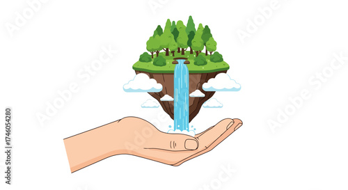 Protecting Natural Resources Illustration Showing a Hand Holding a Floating Island with Trees and Waterfall for Environmental Awareness Campaigns and Educational Materials.