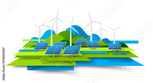 Conceptual Illustration of Renewable Energy Sources Featuring Solar Panels and Wind Turbines for Sustainable Energy Solutions and Environmental Awareness Campaigns