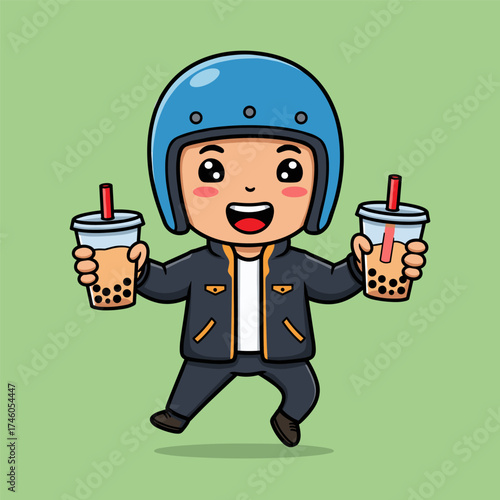 Cartoon character with blue helmet and dark jacket holding two bubble tea cups, smiling against a light green background.