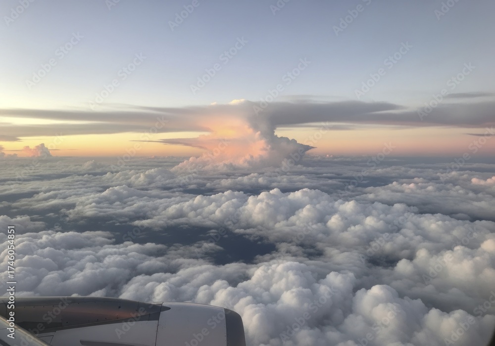 Naklejka premium Breathtaking Aerial View of a Dramatic Cumulonimbus Anvil Cloud at Golden Hour from an Airplane Window