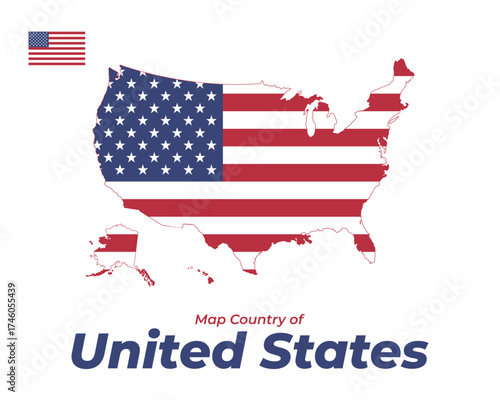 Map of United States with national flag colors and coat of arms inside. Vector illustration of American country outline, patriotic symbol design.