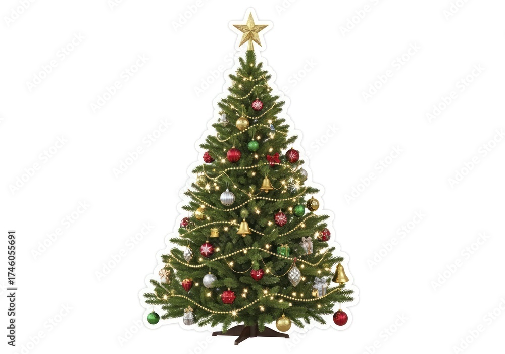 Obraz premium Vibrantly Decorated Christmas Tree with Twinkling Lights, Baubles, and Golden Star on Isolated White Background, Perfect for Holiday Season