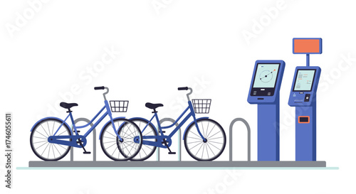 A bike share stand with two bikes and two kiosks is shown
