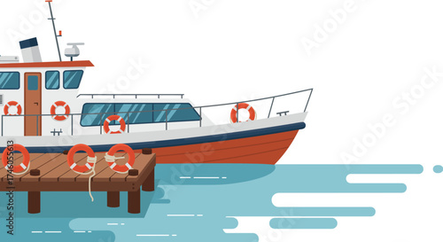 A boat is docked at a pier with life preservers attached Water surrounds the structure