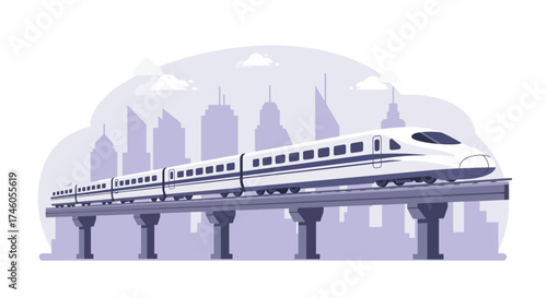 A highspeed train rides on an elevated track set against a backdrop of a stylized cityscape
