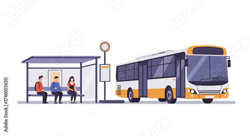 A bus pulls up to a bus stop where three people sit waiting