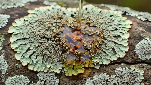 Close up of lichen on a rock with water dripping onto it.