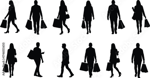 Silhouette of people walking and shopping with bags, men and women carrying purchases, vector illustration isolated on white background